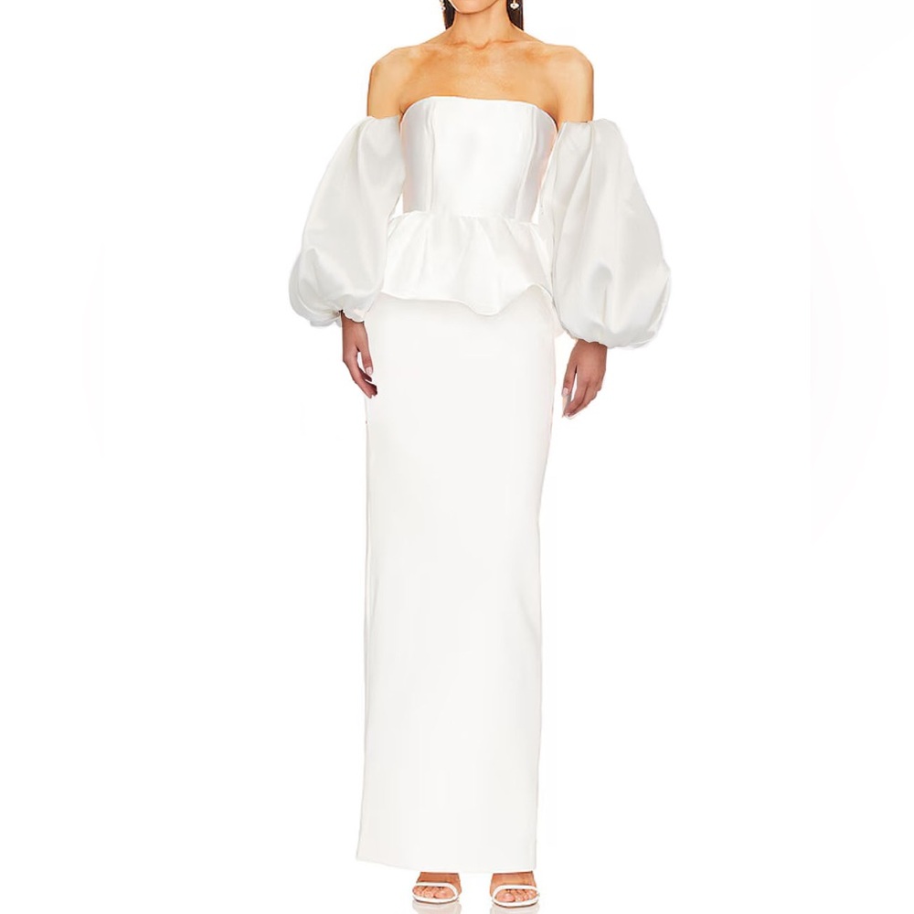 Solace London White Off-Shoulder Peplum Gown with Balloon Sleeves